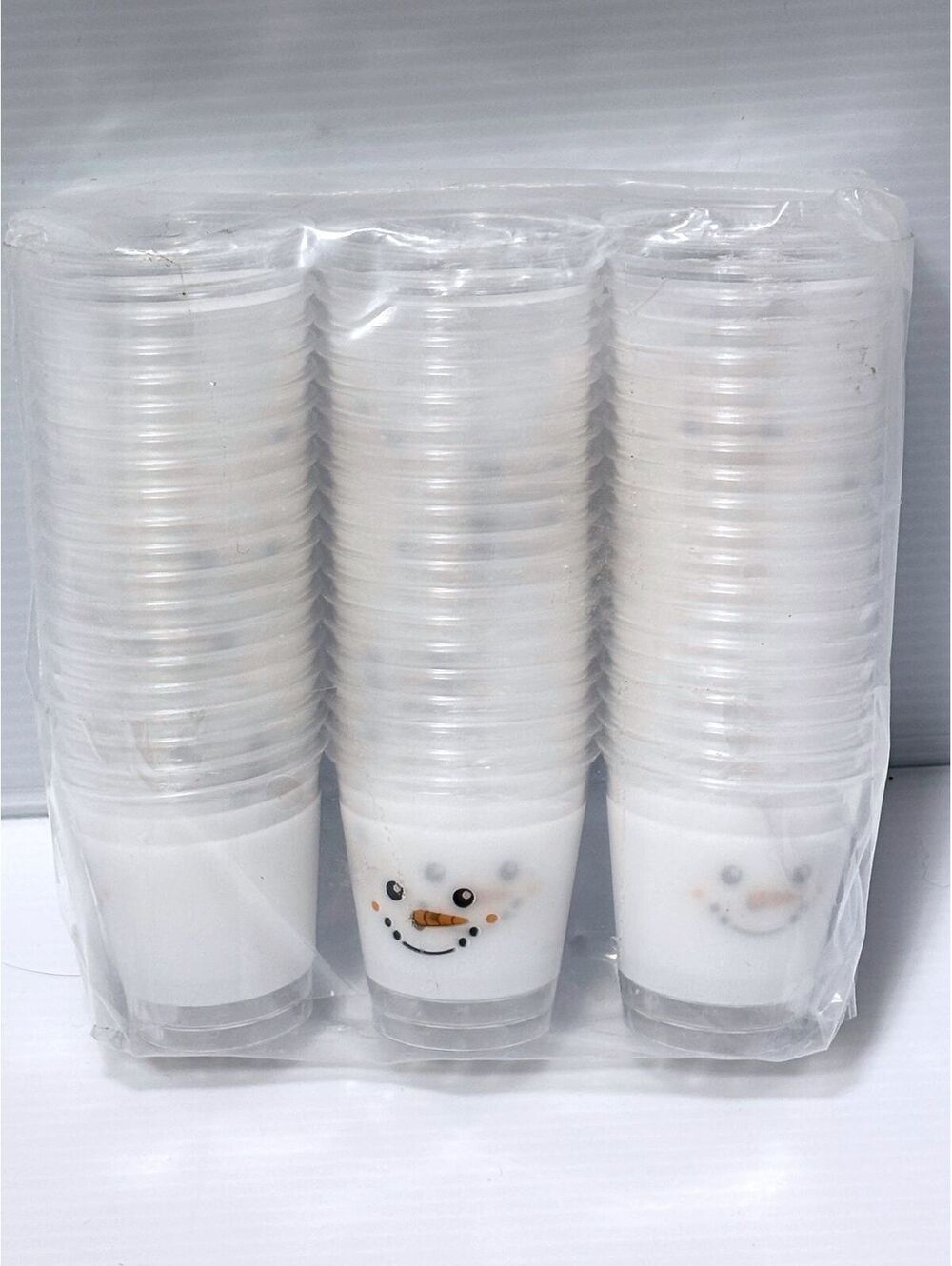 Set of 60 White Disposable 1.5oz Plastic Shot Glasses with Snowman Design